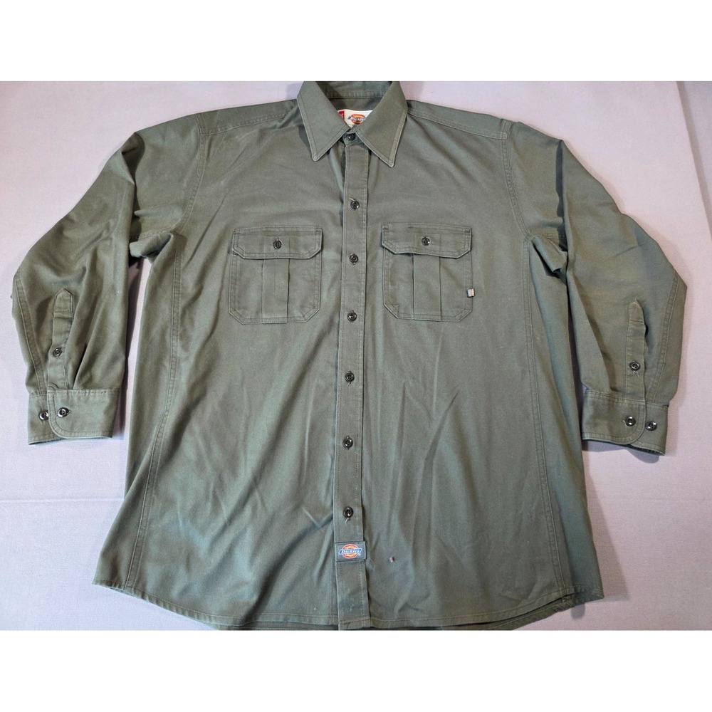 Vintage Dickies Mens L Green Work Shirt USA‎ Made Button Front Uniform